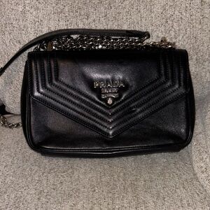 Prada Black Quilted Chevron Leather Crossbody Bag with Chain Strap